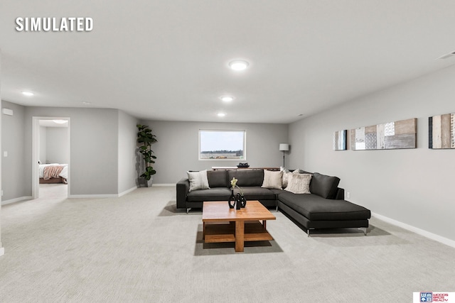 living area with baseboards, recessed lighting, and carpet floors