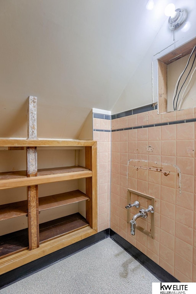bathroom featuring vaulted ceiling