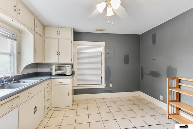 3218 Holdrege St, Lincoln, NE 68503 - kitchen with white appliances, a sink, a ceiling fan, baseboards, and cream cabinetry