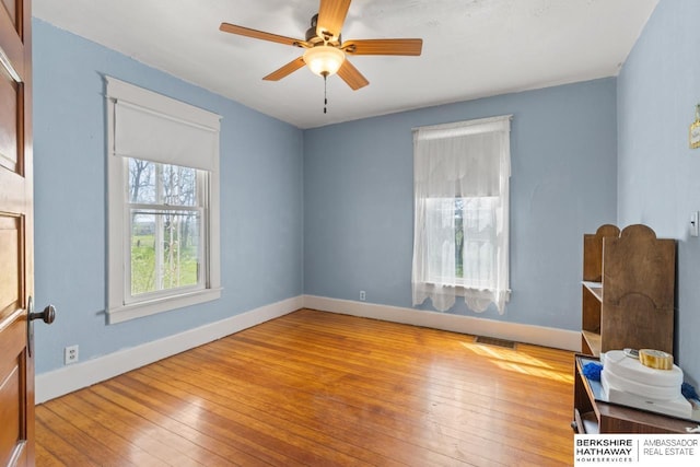 6301 SW 34th Ct, Lincoln, NE 68523 - empty room with a ceiling fan, baseboards, visible vents, and hardwood / wood-style floors