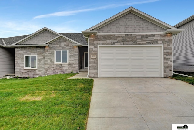 view of front of house with an attached garage, stone siding, concrete driveway, and a front yard