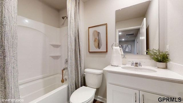 bathroom featuring toilet, visible vents, shower / bathtub combination with curtain, and vanity
