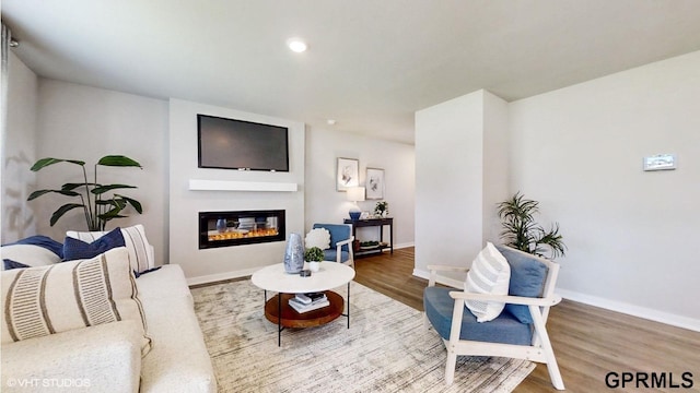 living area featuring a glass covered fireplace, baseboards, and wood finished floors