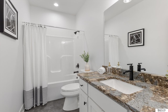 bathroom with toilet, vanity, shower / tub combo with curtain, and recessed lighting