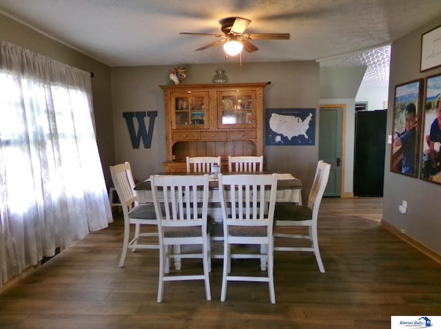 dining space with a ceiling fan and dark wood-type flooring