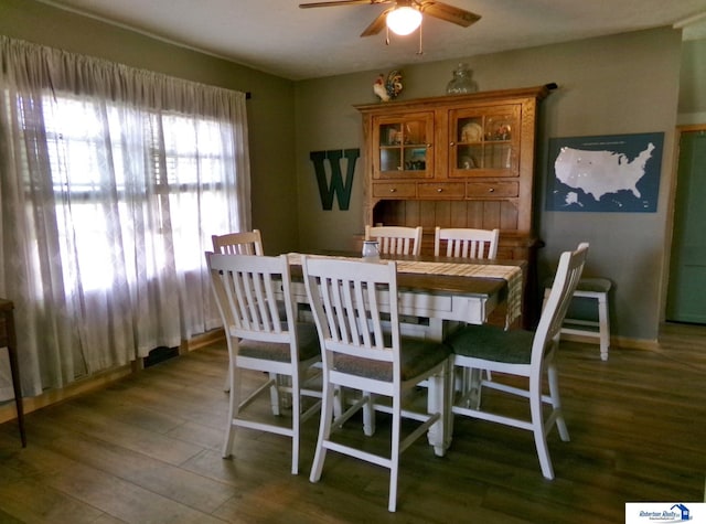 dining area featuring a ceiling fan and wood finished floors