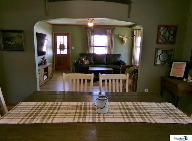 dining room featuring arched walkways, ceiling fan, and wood finished floors