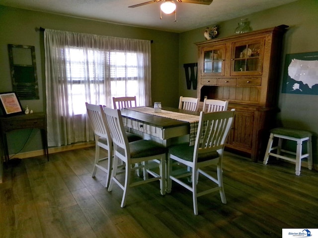 dining area featuring ceiling fan and dark wood finished floors