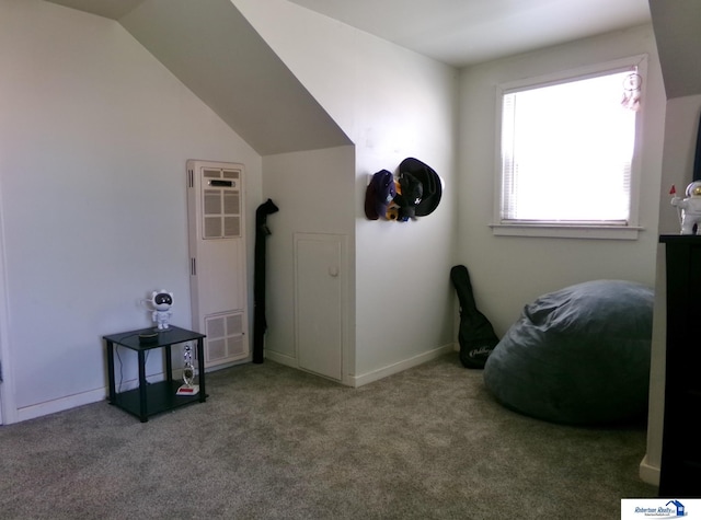 bonus room with baseboards, a heating unit, carpet flooring, and vaulted ceiling