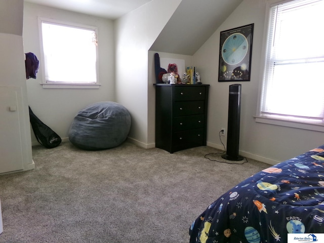 bedroom featuring carpet floors, lofted ceiling, and multiple windows