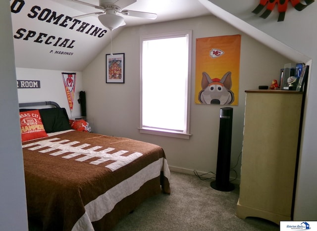 carpeted bedroom featuring baseboards, ceiling fan, vaulted ceiling, and visible vents