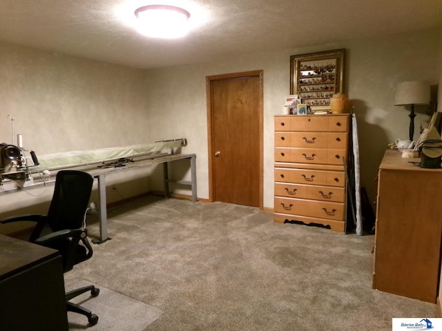 carpeted office with a textured ceiling