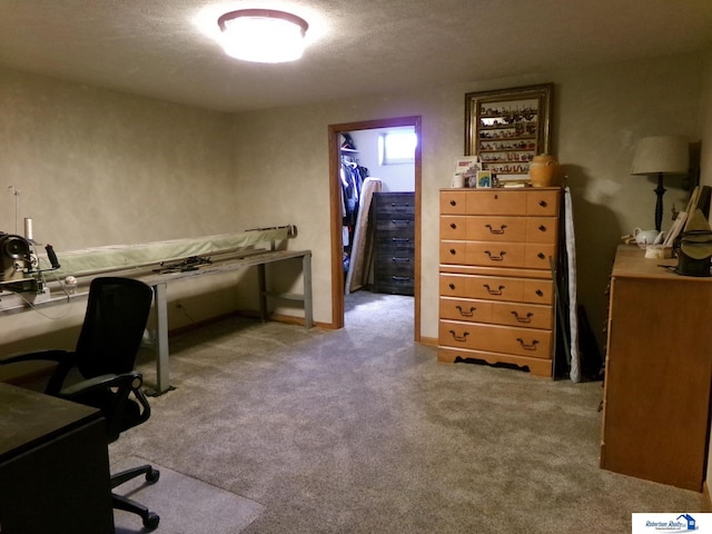 carpeted office featuring a textured ceiling