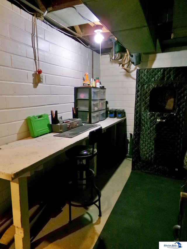 unfinished basement featuring concrete block wall