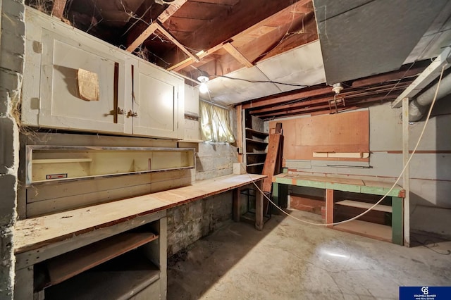 unfinished basement with a workshop area