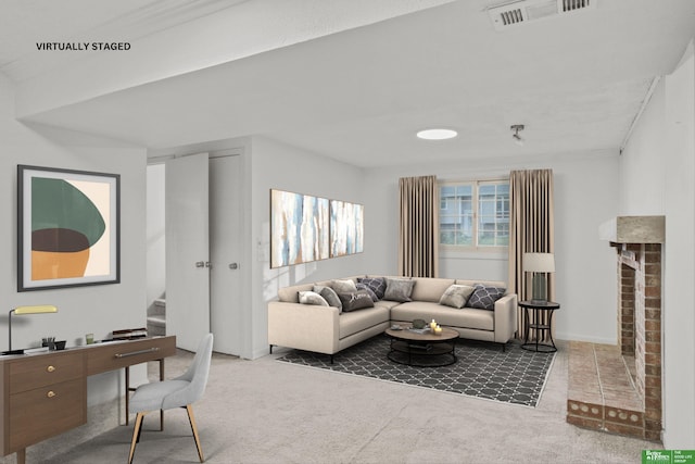 carpeted living room with visible vents, a fireplace, and stairway