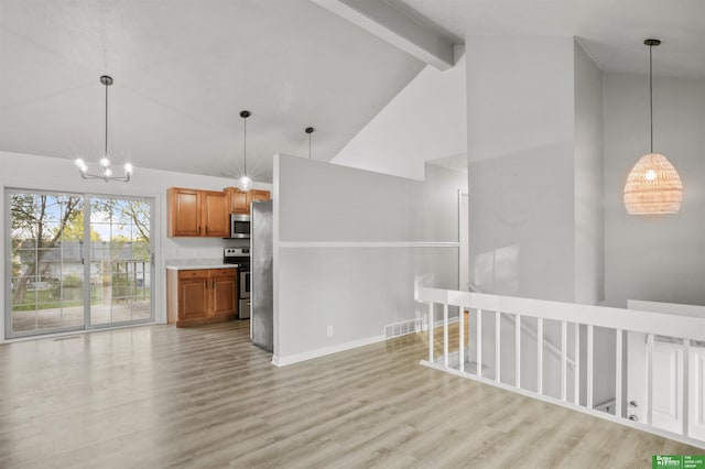 unfurnished living room with beam ceiling, light wood-style floors, high vaulted ceiling, baseboards, and visible vents