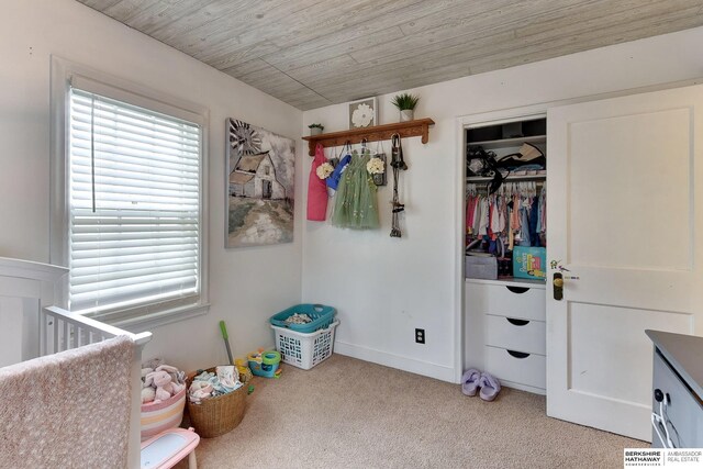 bedroom featuring multiple windows, light carpet, and a closet