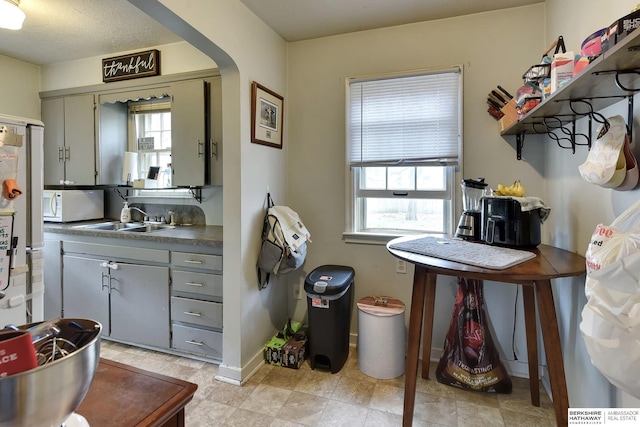 interior space with a healthy amount of sunlight, gray cabinets, white microwave, and a sink