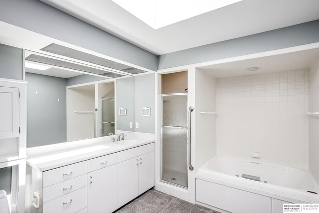 bathroom featuring vanity, an enclosed shower, and a bath