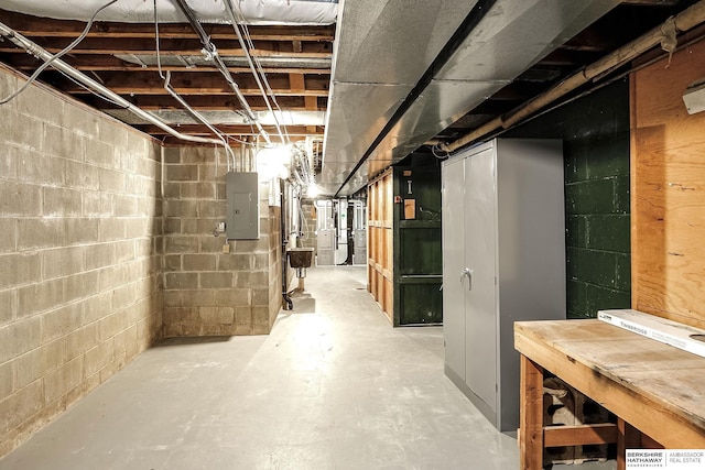 unfinished below grade area featuring electric panel and concrete block wall