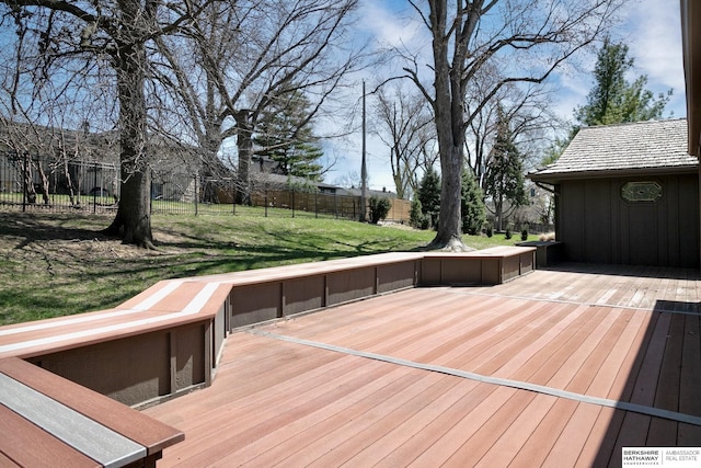 wooden deck with a fenced backyard and a yard