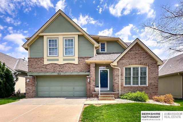 view of front of house featuring concrete driveway, brick siding, a shingled roof, and a garage