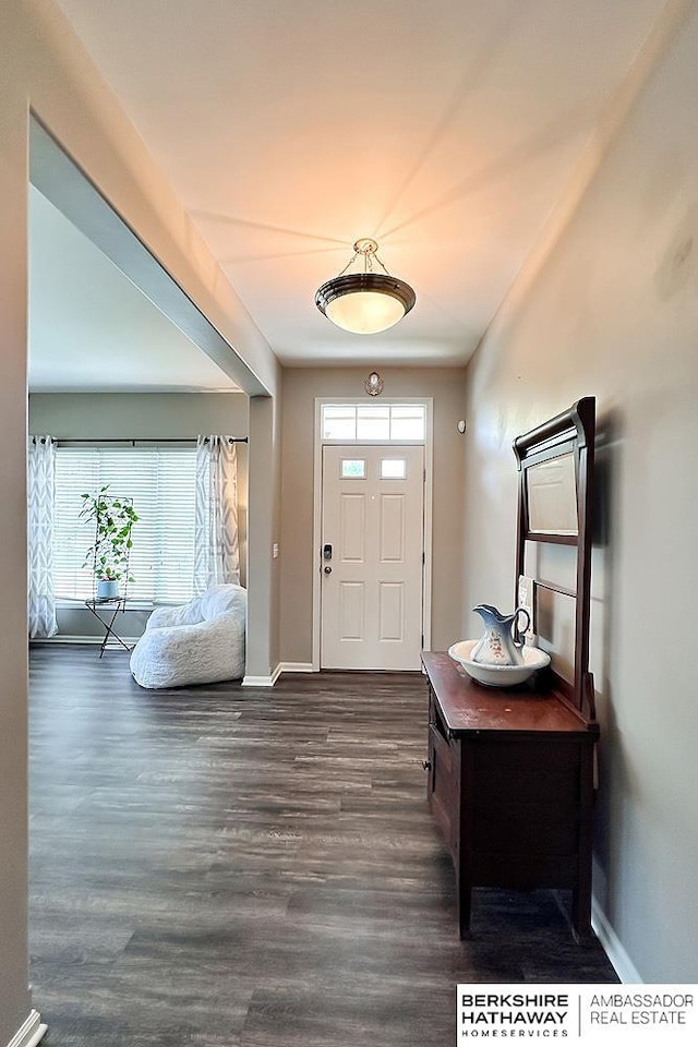 foyer entrance with baseboards and dark wood-style floors