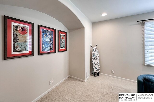 interior space featuring baseboards, a wealth of natural light, and light colored carpet