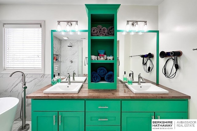 bathroom featuring a sink, a marble finish shower, and a healthy amount of sunlight