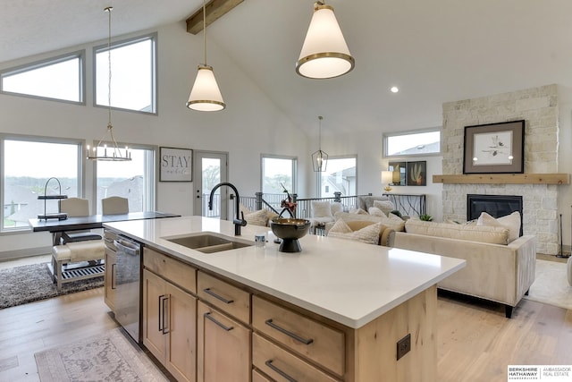 kitchen featuring a sink, light wood-style floors, stainless steel dishwasher, and high vaulted ceiling