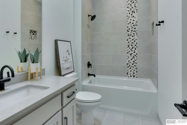 full bathroom with toilet, shower / bath combination, tile patterned floors, and vanity