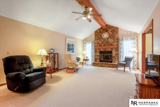 living area featuring a fireplace, carpet floors, ceiling fan, and lofted ceiling with beams