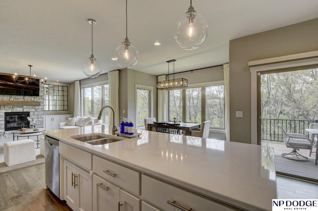 kitchen featuring white cabinets, a sink, a fireplace, wood finished floors, and stainless steel dishwasher