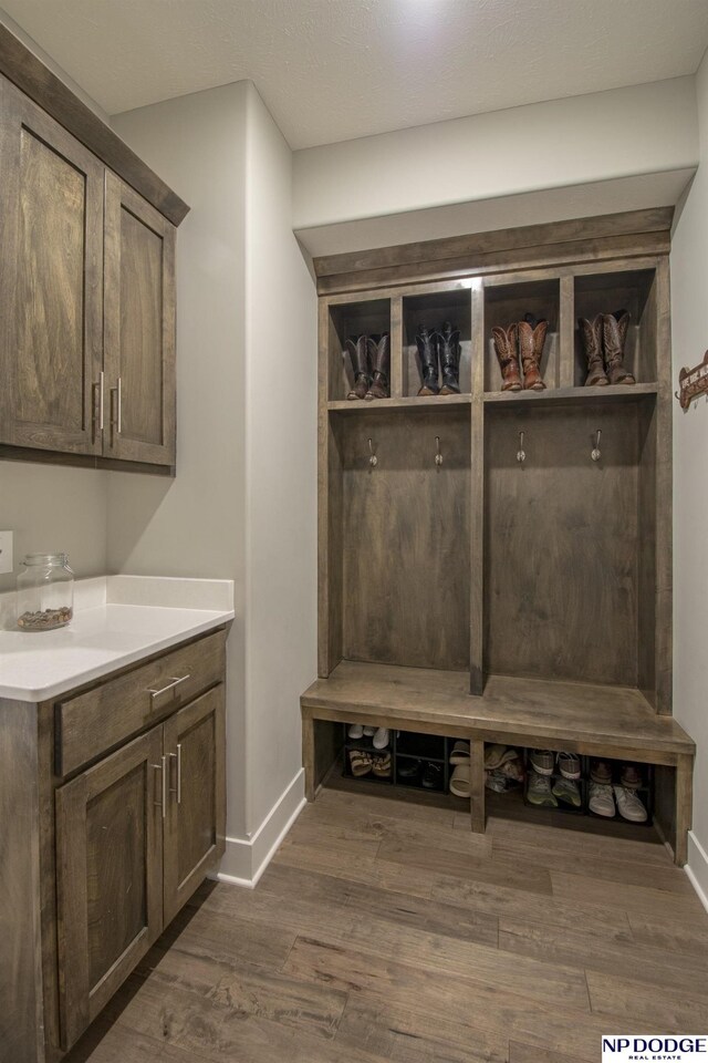 mudroom with dark wood-style flooring and baseboards