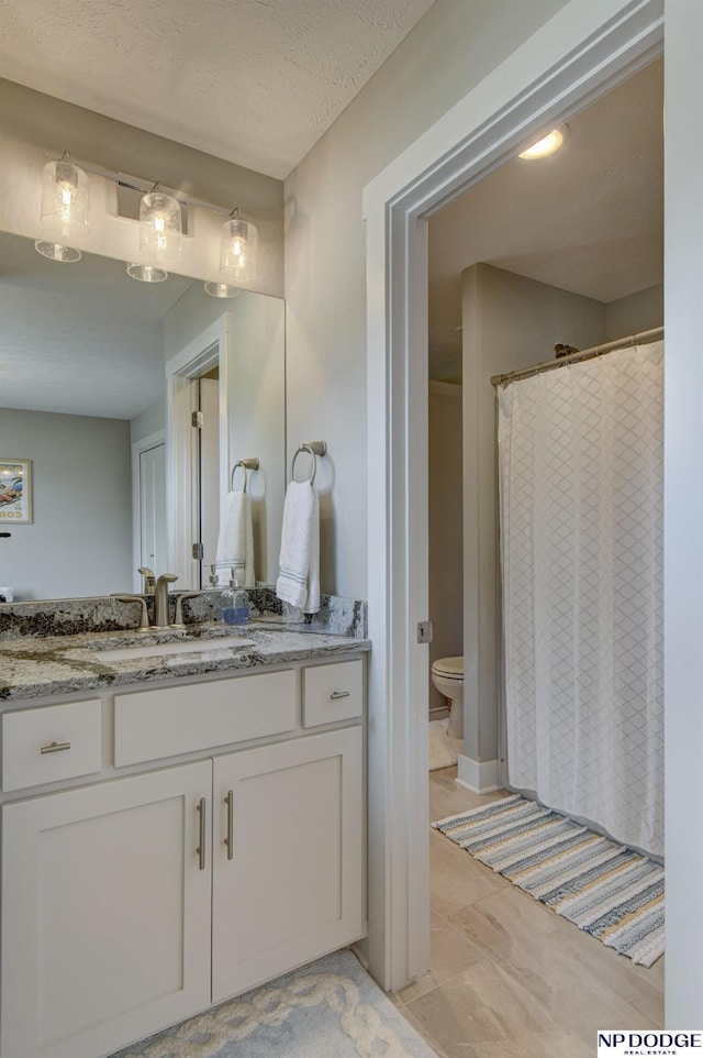 full bath featuring toilet, curtained shower, and vanity