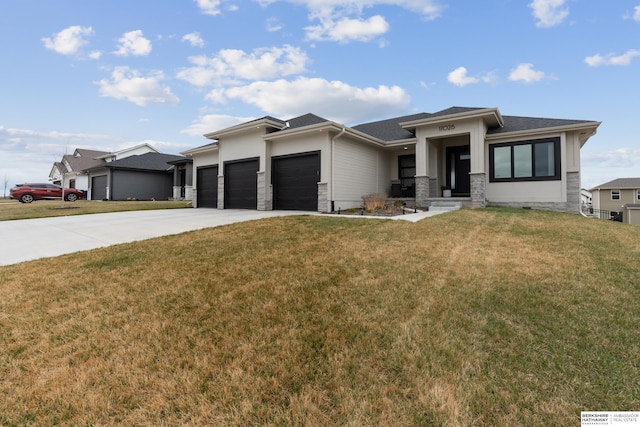 17026 Emma St, Bennington, NE 68007 - prairie-style home featuring an attached garage, stone siding, driveway, and a front yard