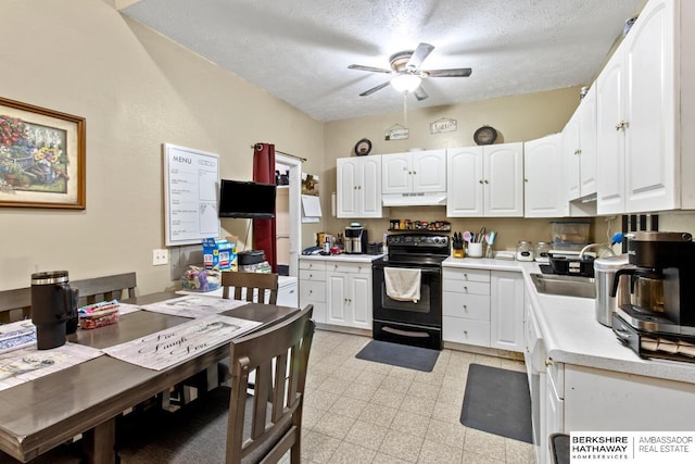 109 W Elk St, Hooper, NE 68031 - kitchen featuring ceiling fan, light countertops, white cabinetry, under cabinet range hood, and black range with electric stovetop
