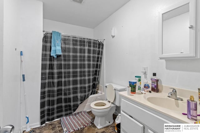 109 W Elk St, Hooper, NE 68031 - full bathroom with stone finish flooring, visible vents, vanity, toilet, and shower / bathtub combination with curtain