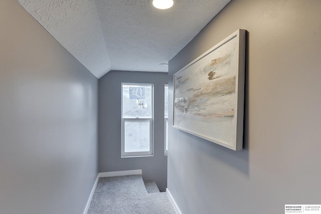 interior space featuring carpet floors, a textured ceiling, baseboards, and lofted ceiling