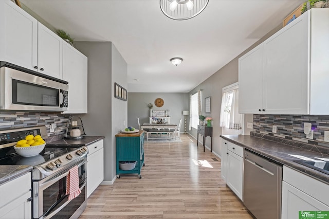 kitchen with white cabinets, light wood finished floors, stainless steel appliances, baseboards, and backsplash