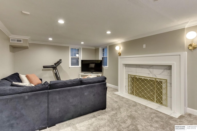 5117 Western Ave, Omaha, NE 68132 - living room with crown molding, carpet floors, baseboards, recessed lighting, and a fireplace