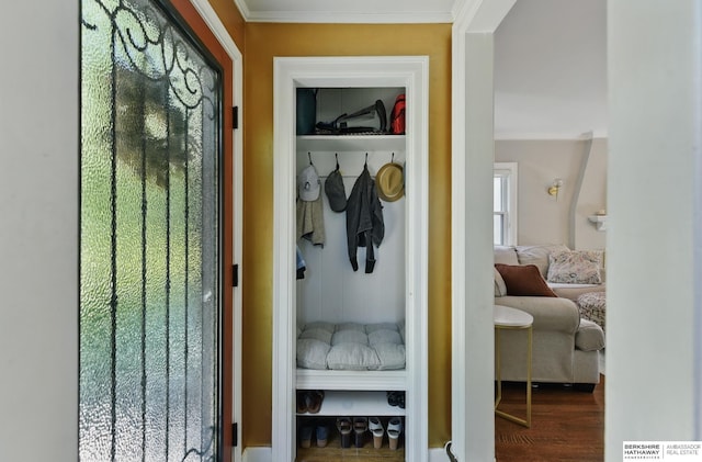5117 Western Ave, Omaha, NE 68132 - mudroom featuring ornamental molding and wood finished floors