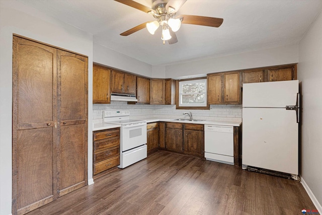 kitchen with decorative backsplash, a sink, dark wood-style floors, under cabinet range hood, and white appliances