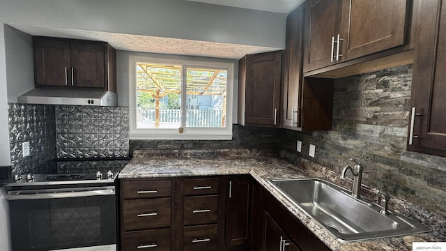 kitchen with a sink, decorative backsplash, range hood, and stainless steel electric range