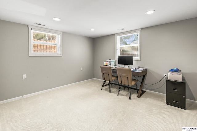 home office with baseboards, light carpet, recessed lighting, and visible vents