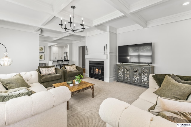 living area with an inviting chandelier, beamed ceiling, light carpet, and coffered ceiling