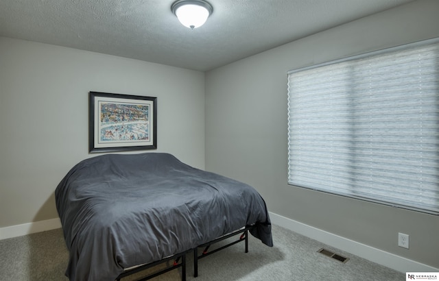 bedroom featuring multiple windows, a textured ceiling, carpet, baseboards, and visible vents