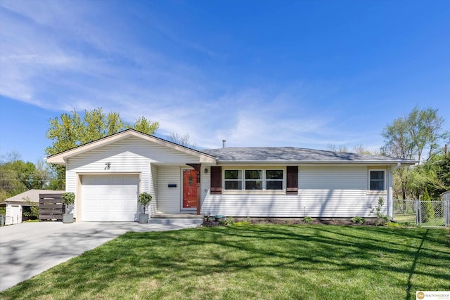 single story home featuring fence, driveway, a front yard, and a garage