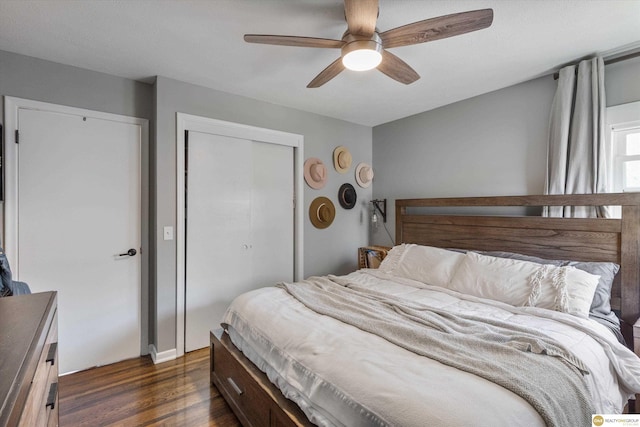 bedroom featuring ceiling fan, dark wood-type flooring, and a closet